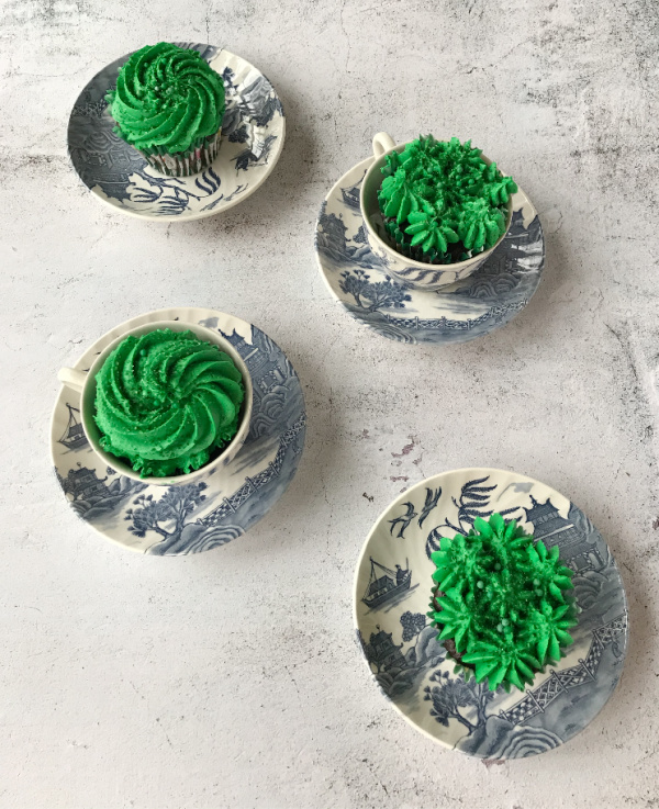 Baileys Irish cream chocolate cupcakes with sprinkles and green frosting