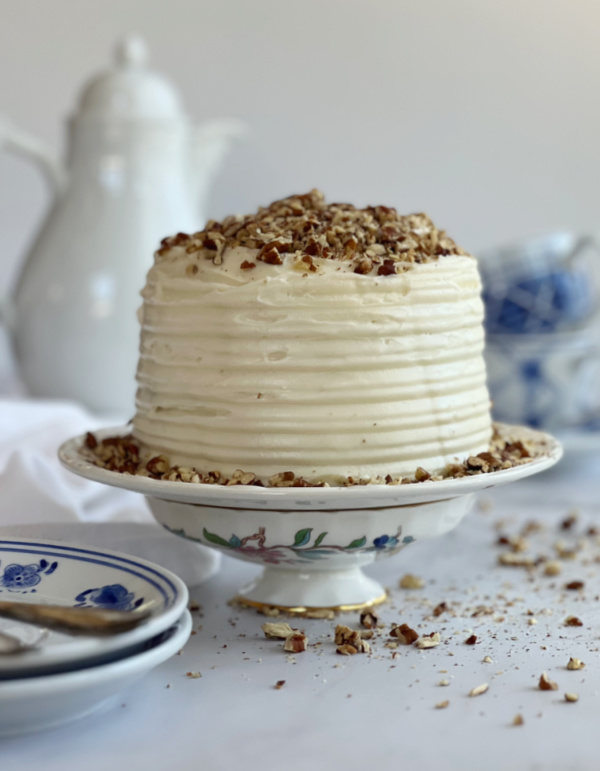 Hummingbird cake on a pedestal plate