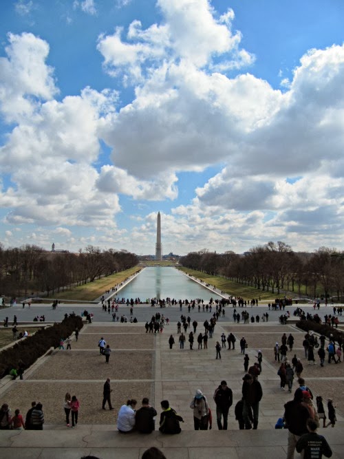 The reflecting pool in front of the Lincoln Memorial. 