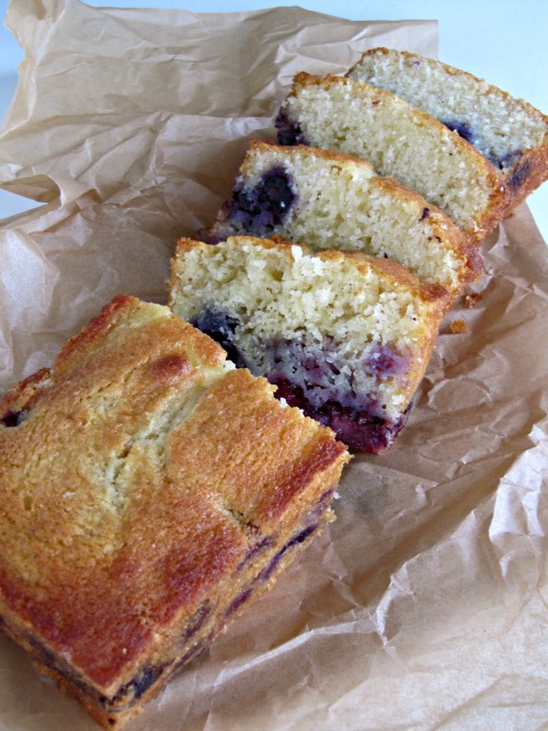 Blueberry & Blackberry Ricotta  Cake sliced. 