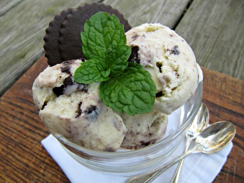 Trader Joe Joe's Cookies & Cream ice cream in a bowl with a sprig of mint and 2 chocolate cookies sitting on a cutting board with 2 silver spoons next to it. 