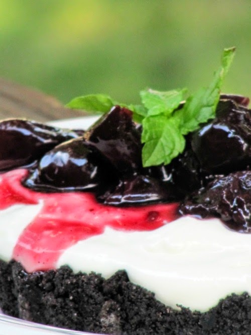 Roasted Vanilla Bean Cherries Over No-Bake Cheesecake