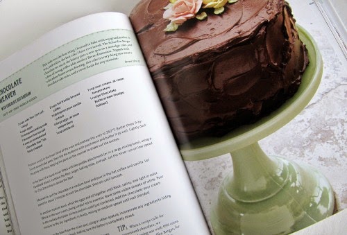 Open cookbook with the recipe of a chocolate cake. 