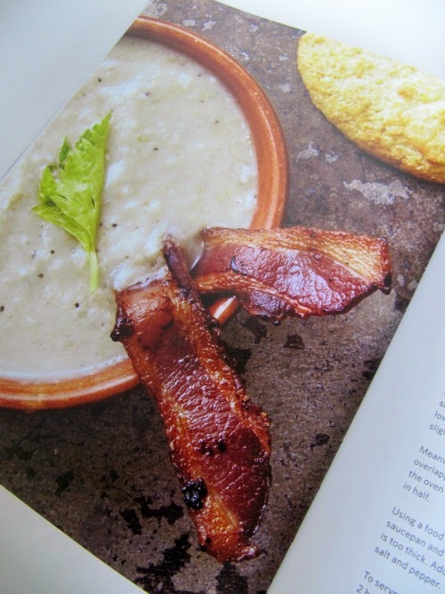 photos of a terra cotta bowl filled with grits and 2 slices of bacon. 