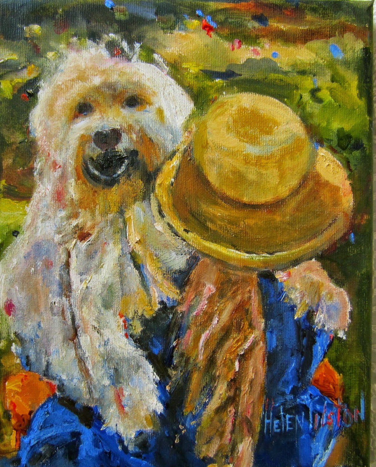 Acrylic painting of a white god being hugged by a woman in a blue dress and a straw hat. 