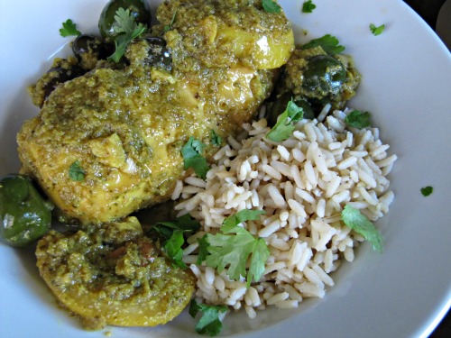 Chicken breast tagine on a bed of rice. 