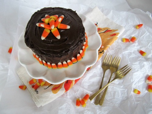 Chocolate Pumpkin Cake with Hershey’s Chocolate Frosting and Candy Corns