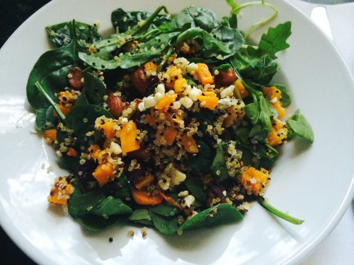 Caramelized Butternut Squash, Quinoa, Salad with Dried Cherries, Almonds and Goat Cheese