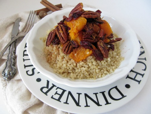 Maple Roasted Butternut Squash Quinoa Salad with Pecans, Dried Fruit and Gorgonzola