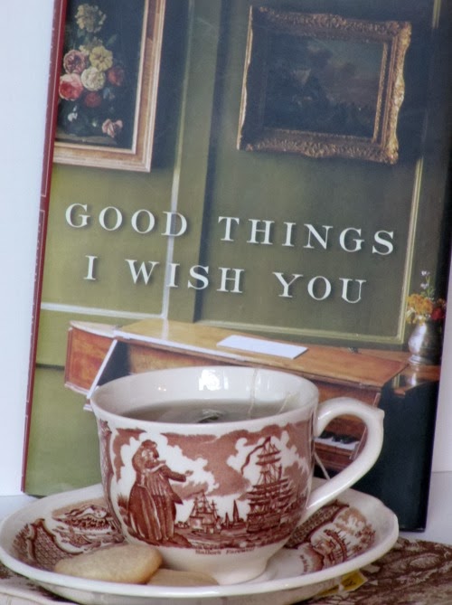 Good Things I Wish You book cover with a brown and white transfer ware cup of tea. 