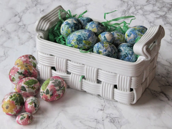 pink and blue decoupage Easter eggs.