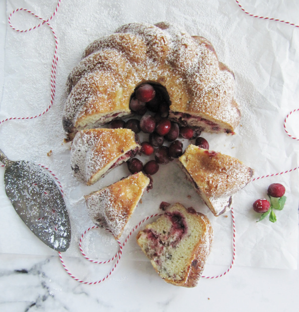 cranberry swirl bundt cake sliced
