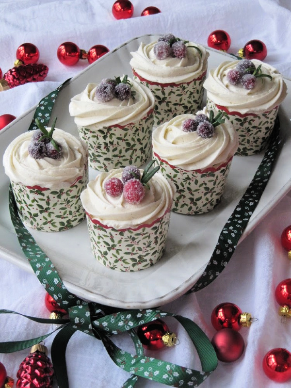 Gingerbread Cupcakes with Buttercream Frosting and Candied Cranberries