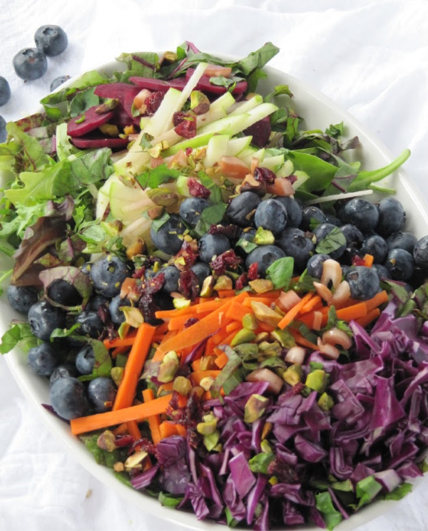 Summer Salad with Beet Greens, Blueberries, Greens and More