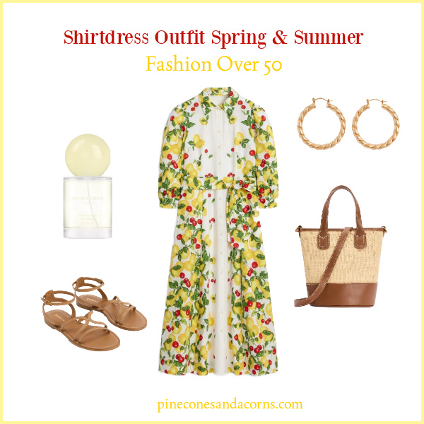 Fashion over 50 Boden lemon shirt dress outfit with a bucket bag, sandals, perfume and gold hoop earrings.