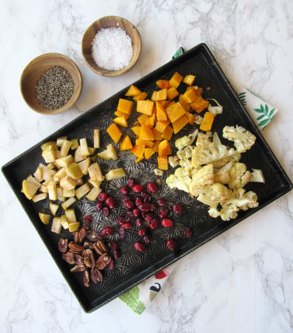 roasted-cranberry-squash-cauliflower on a pan
