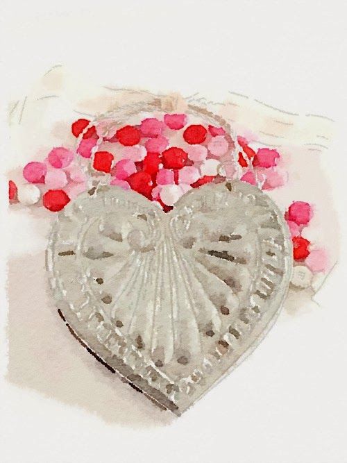 Watercolor picture of a silver heart filled with pink red and white candy