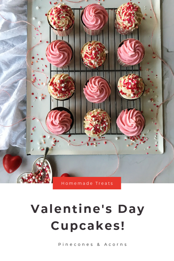 A rack of 12 pink and white chocolate Valentine's Day Cupcakes with buttercream frosting and lots of sprinkles. 