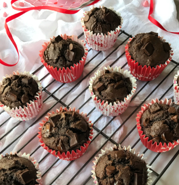 chocolate muffins in valentine themed liners
