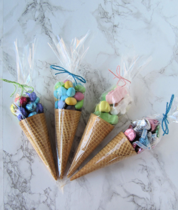 Sugar cones with easter candy in cellophane