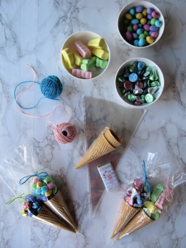 Easter favor cones with bowl of candy