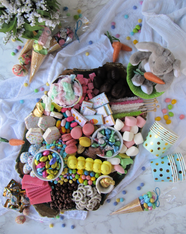 easter candy cookie cake charcuterie board with peeps