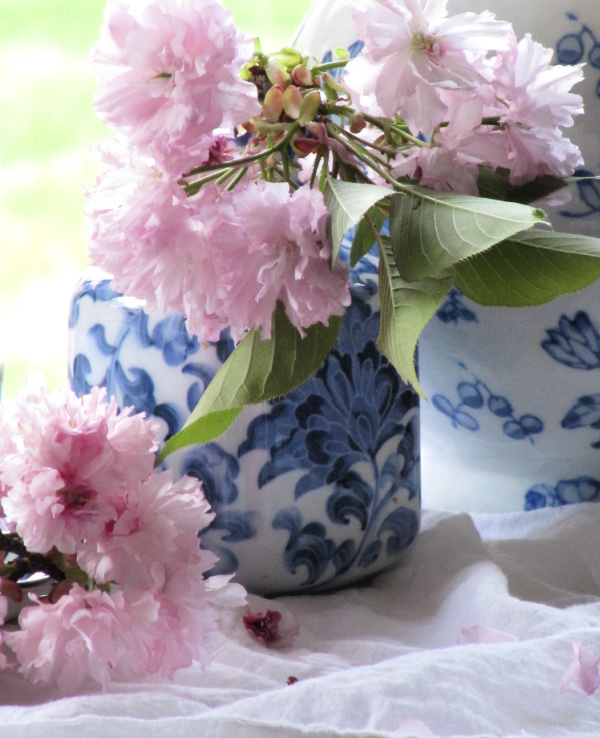 cherry blossoms and lue and white chinoiserie vases
