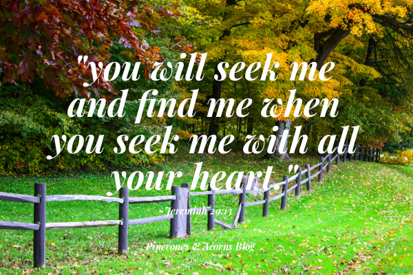 beautiful fall foliage with green grass and a picket fence and the Bible verse from Jeremiah 29: 13 You will seek me and you will find me when you seek me with all your heart.