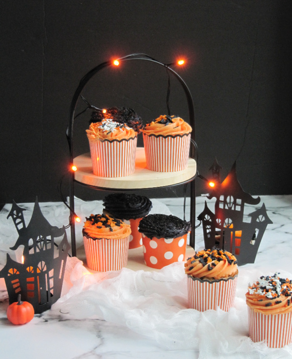 Pumpkin Carrot Cake Halloween Cupcakes with Buttercream Frosting and Sprinkles