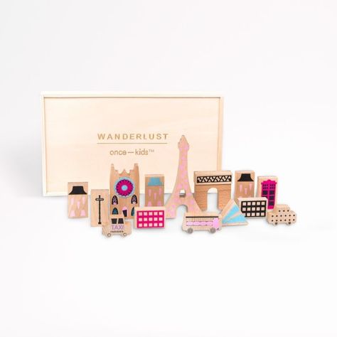 Wanderlust Toy Box in Pink with wood toys depicting iconic Paris landmarks