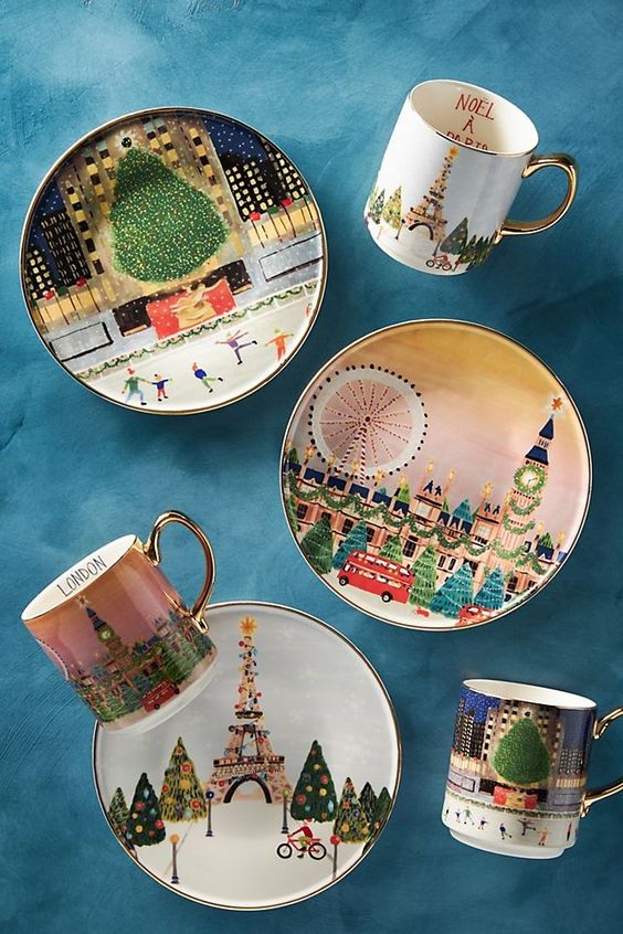 plates and cups with scenes of Paris London and New York
