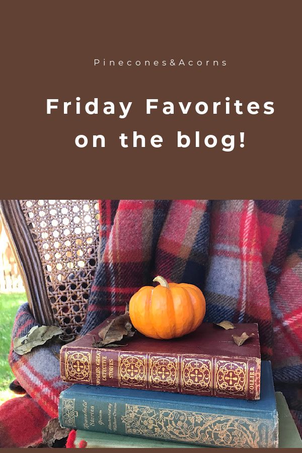 Friday favorites-plaid throw and vintage books with a pumpkin atop