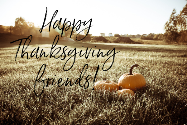 Happy Thanksgiving with 3 pumpkins in a field