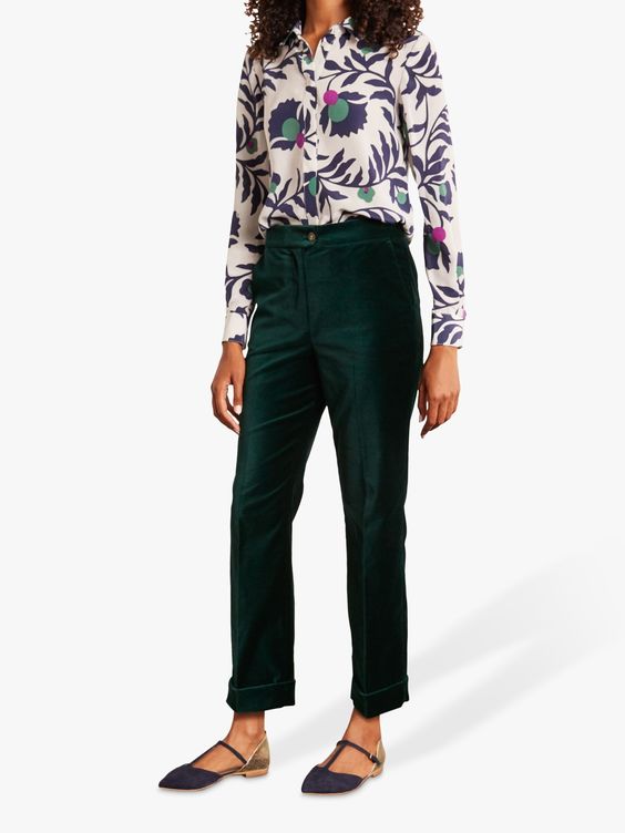 velvet ankle length pants with white pattern blouse