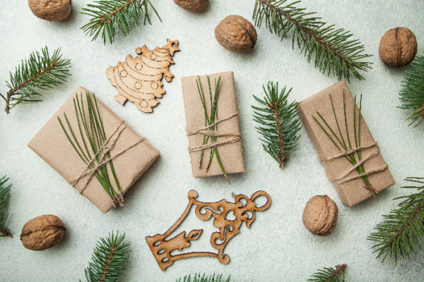 brown christmas packages and nuts and pine boughs