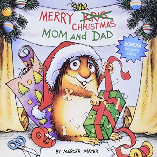 Merry Christmas mom and dad book cover with a small critter in a Santa cap
