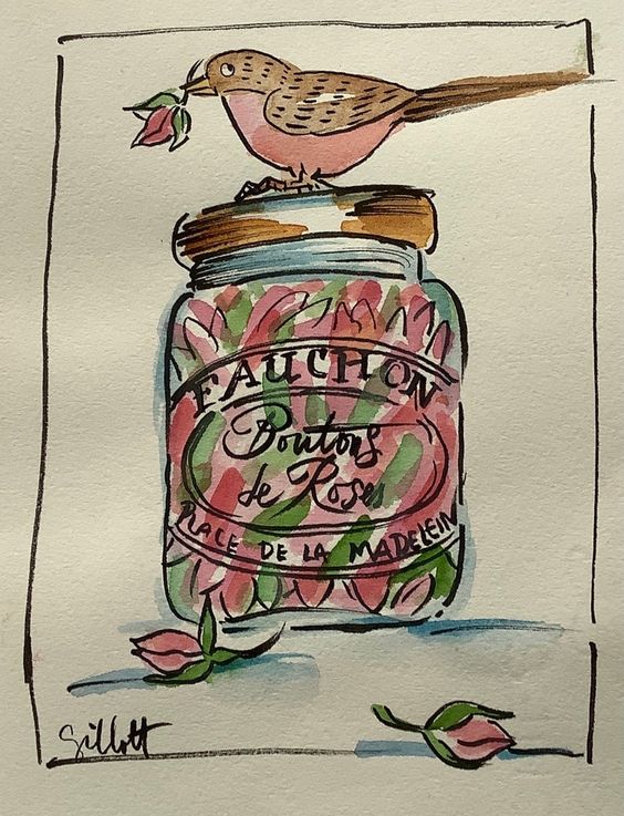 Watercolor painting of a small bird sitting on a jar