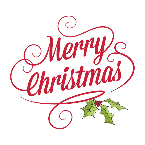 Merry Christmas in red script with green holly leaves and red berries in the left corner