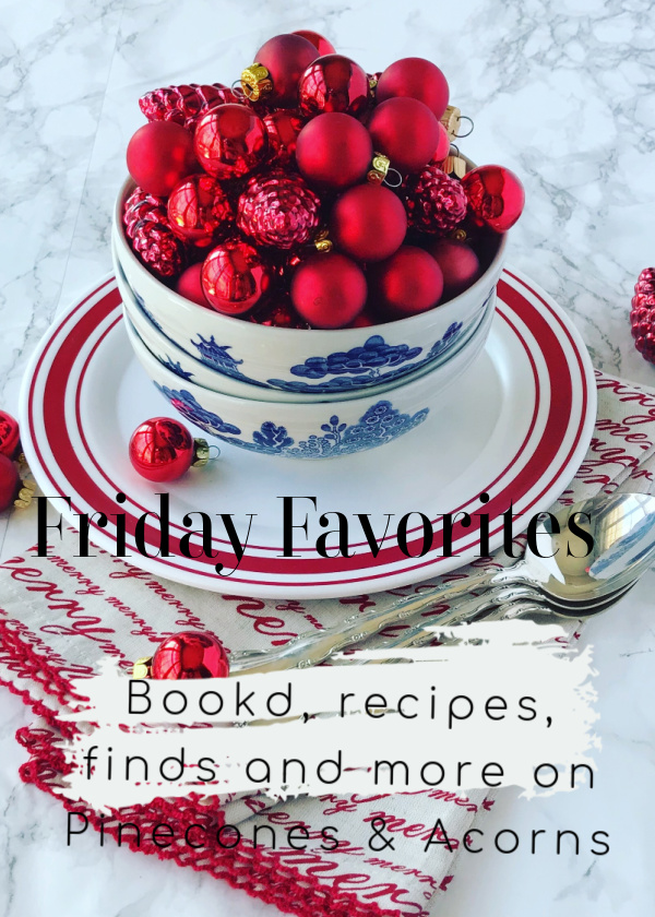 blue willow porcelain bowls filled with red christmas bulbs pinecones and acorns pin