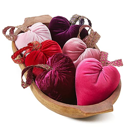 wood bowl filled with velvet hearts