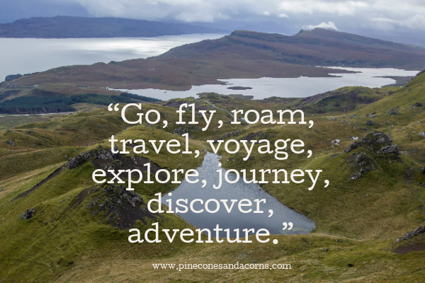 “Go, fly, roam, travel, voyage, explore, journey, discover, adventure.”