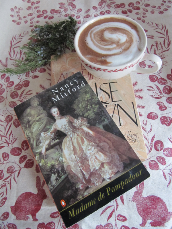Madame du Pompadour book by Nancy Mittford and a cup of hot chocolate
