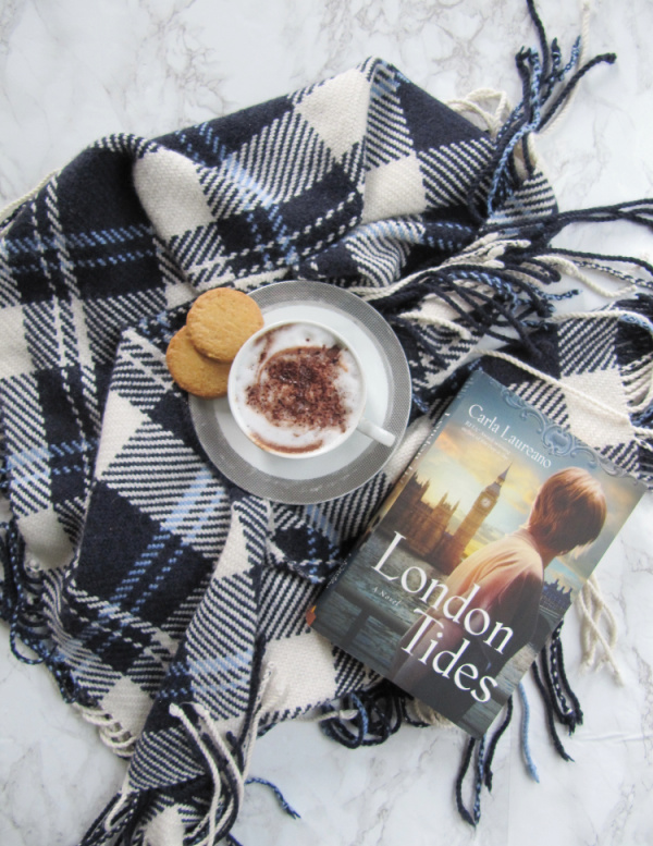 41-little-things-to-love-about-fall, The London Tides Flatlay with a blue plaid scarf hot chocolate in white cup with two cookies