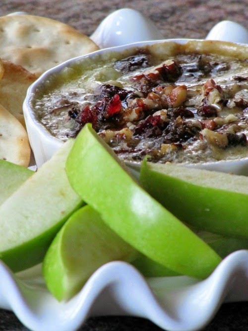 Small white ramekin filled with melted cheese topped with pecans and cranberries served with apples and chips