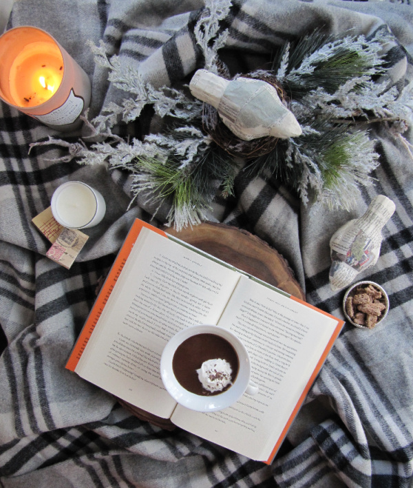 flatly with grey plaid blanket cup of hot chocolate greens paper macho birds and candles