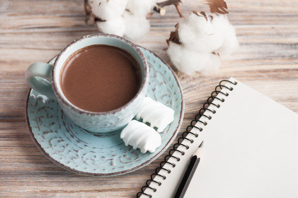 pale blue cup and saucer filled with hot chocolate sitting next to a journal and some cotton