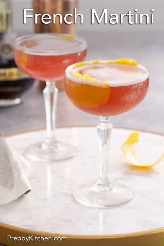 2 martinis on a white piece of marble with the title French Martini