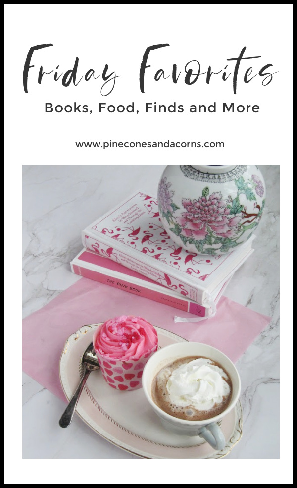 Friday Favorites Pine Me Pink tray and books and hot chocolate