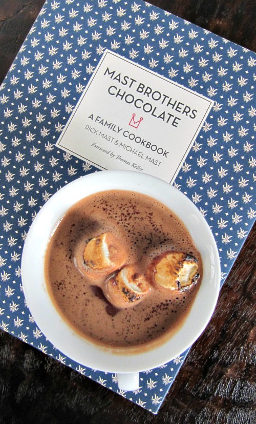 Mast-brothers-hot-chocolate sitting on top of the mast brothers cookbook