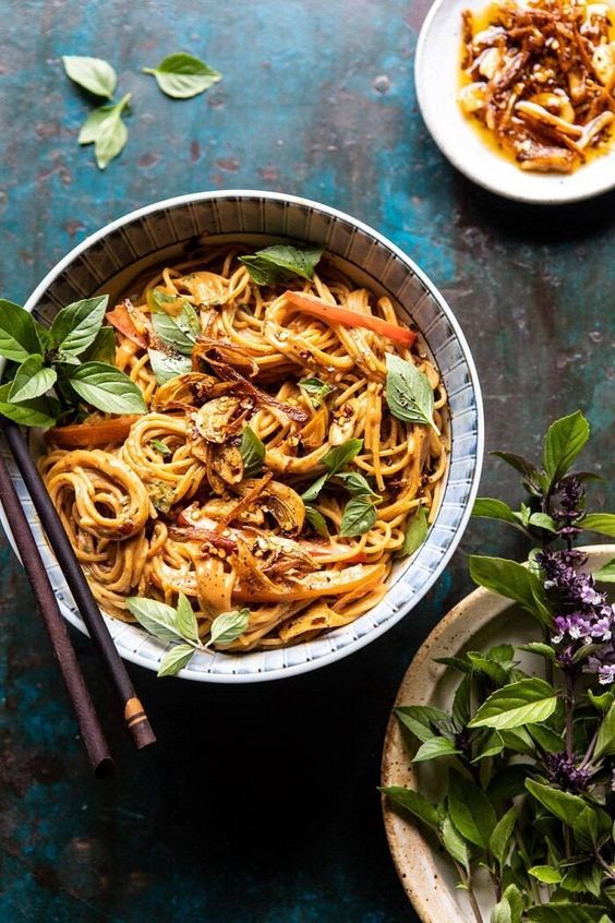 Spicy peanut noodles in a bowl
